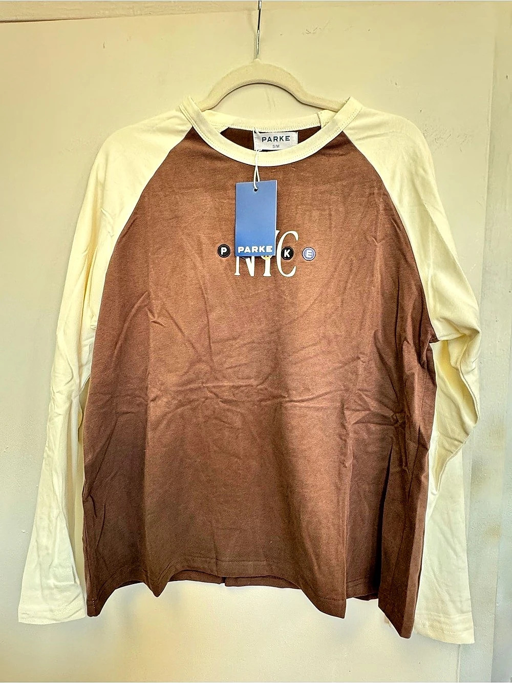 PARKE NYC Graphic Long Sleeve T-Shirt Graphic Long Sleeve in Brown & Cream NWT
